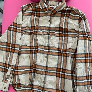 orange, brown, cream cardigan, button up shirt